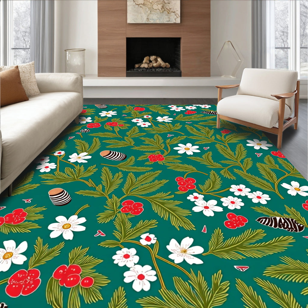 Whimsical Floral Berry Leaf Pattern Rug