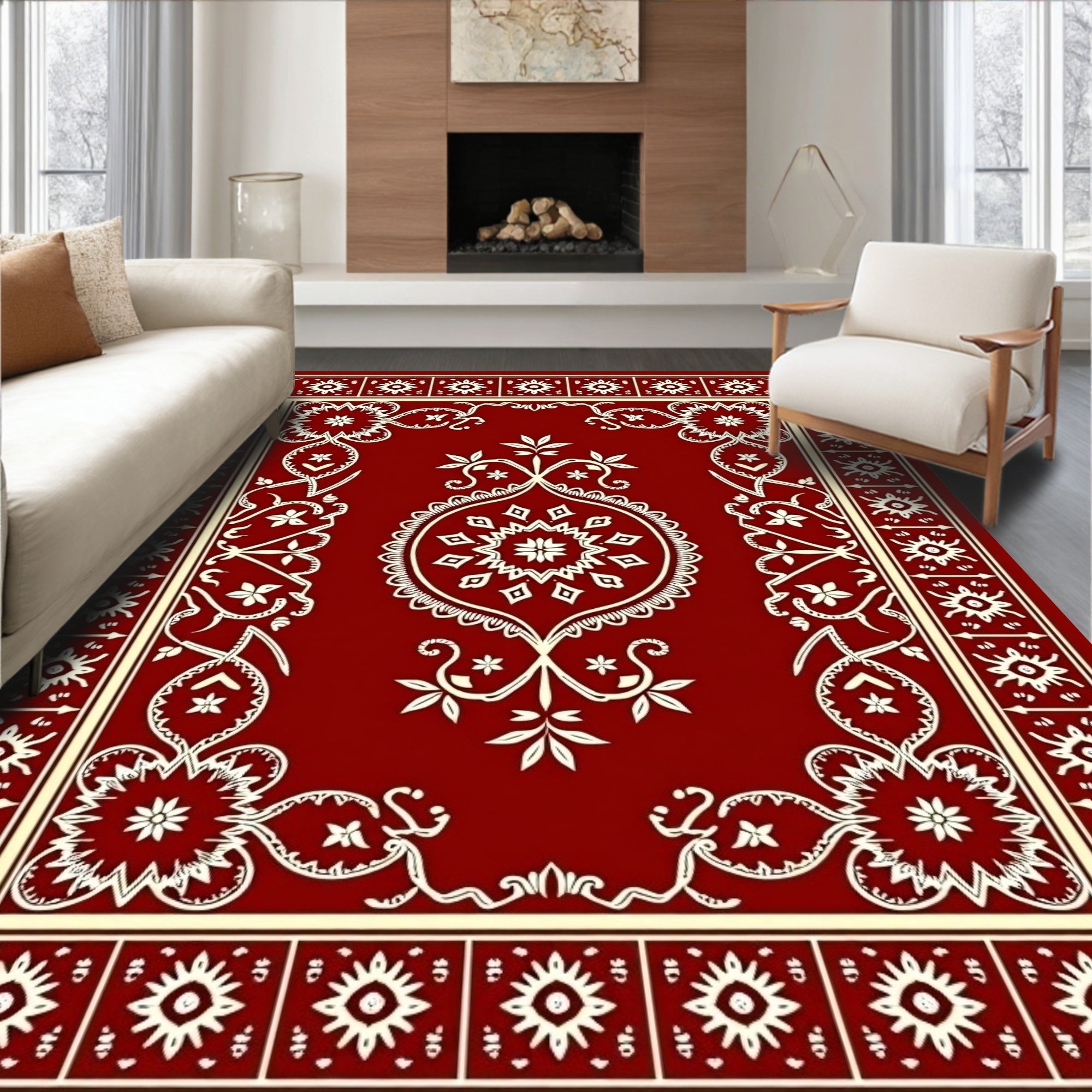 Ornate Floral Border Medallion Design Rug