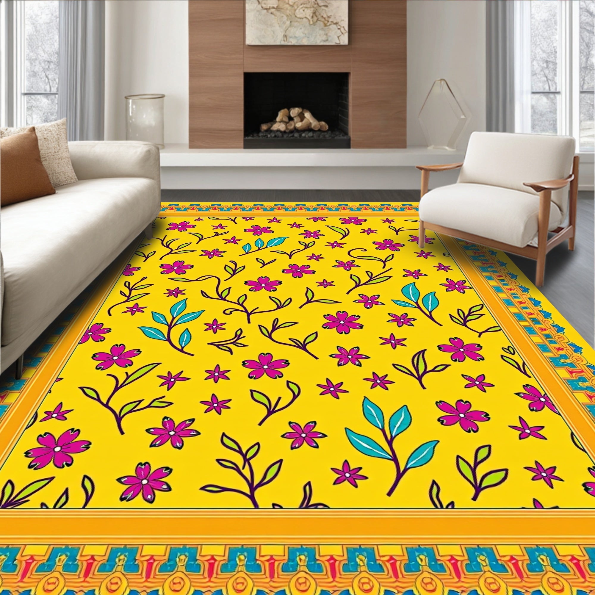 Yellow Floral Vines Design Rug