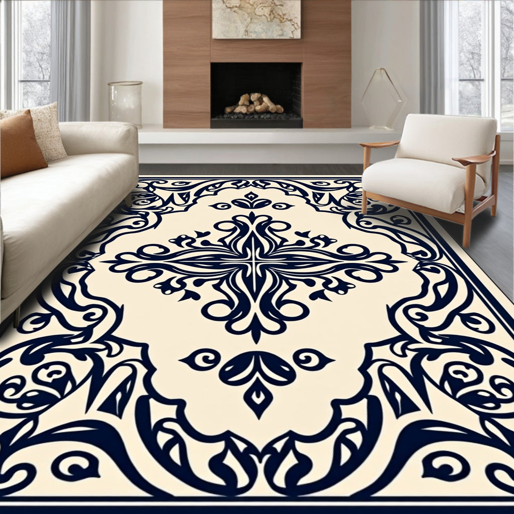 Classic Navy Floral Scrollwork Rug