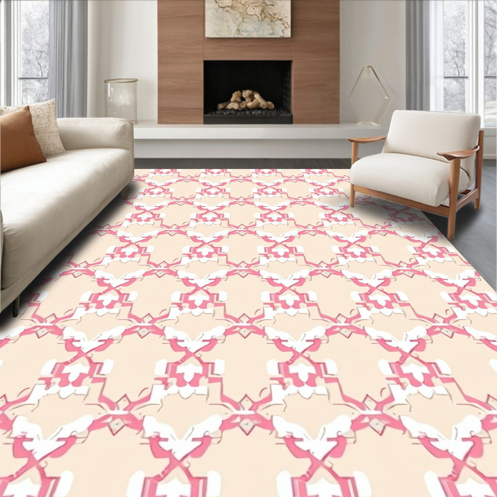 Elegant Pink Cream Geometric Pattern Rug