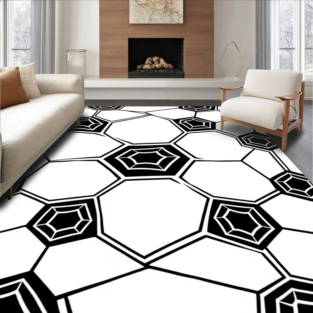 Black White Geometric Shape Pattern Rug