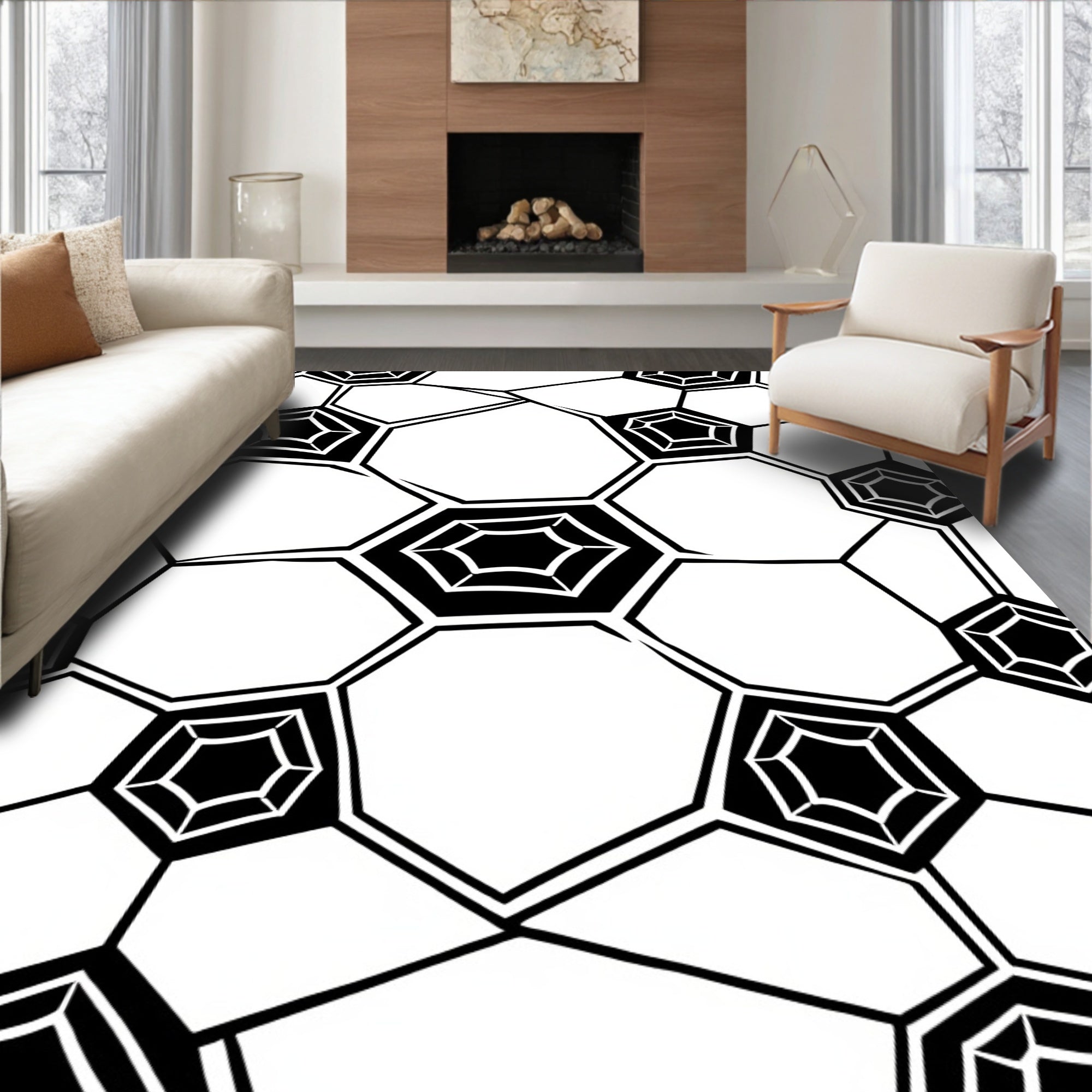 Black White Geometric Shape Pattern Rug