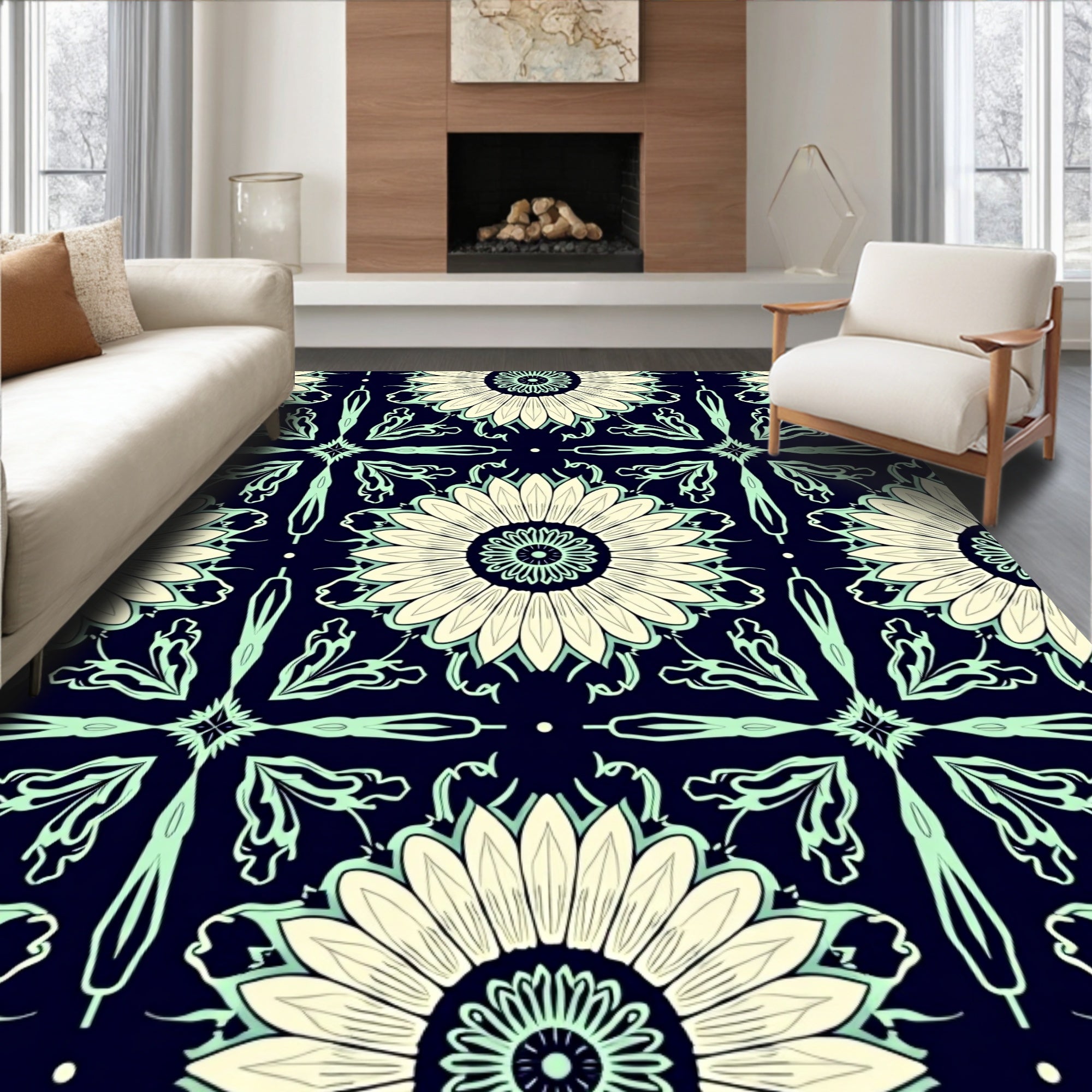 Floral Mandala Patterned Indigo Rug