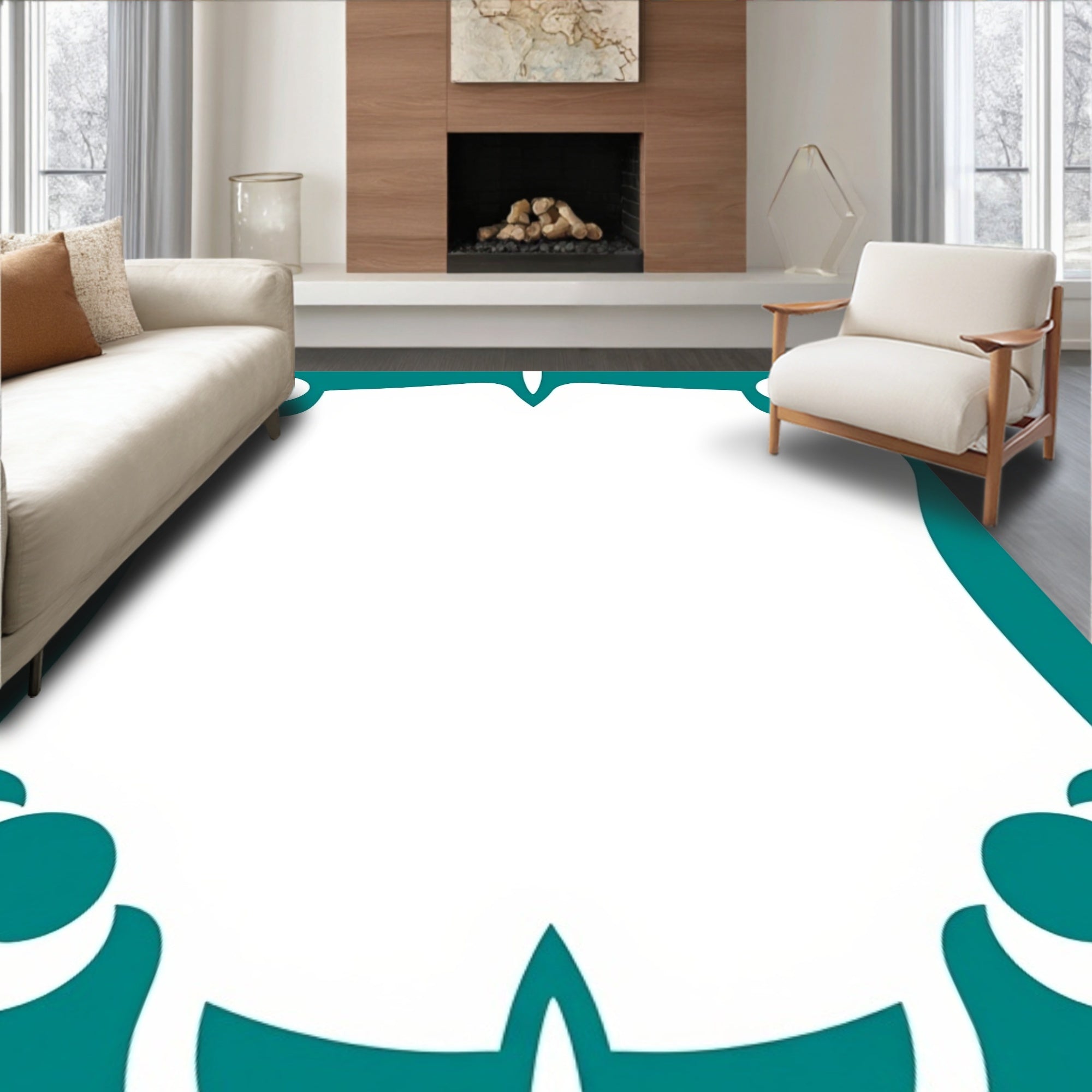 Teal Abstract Organic Border Design Rug