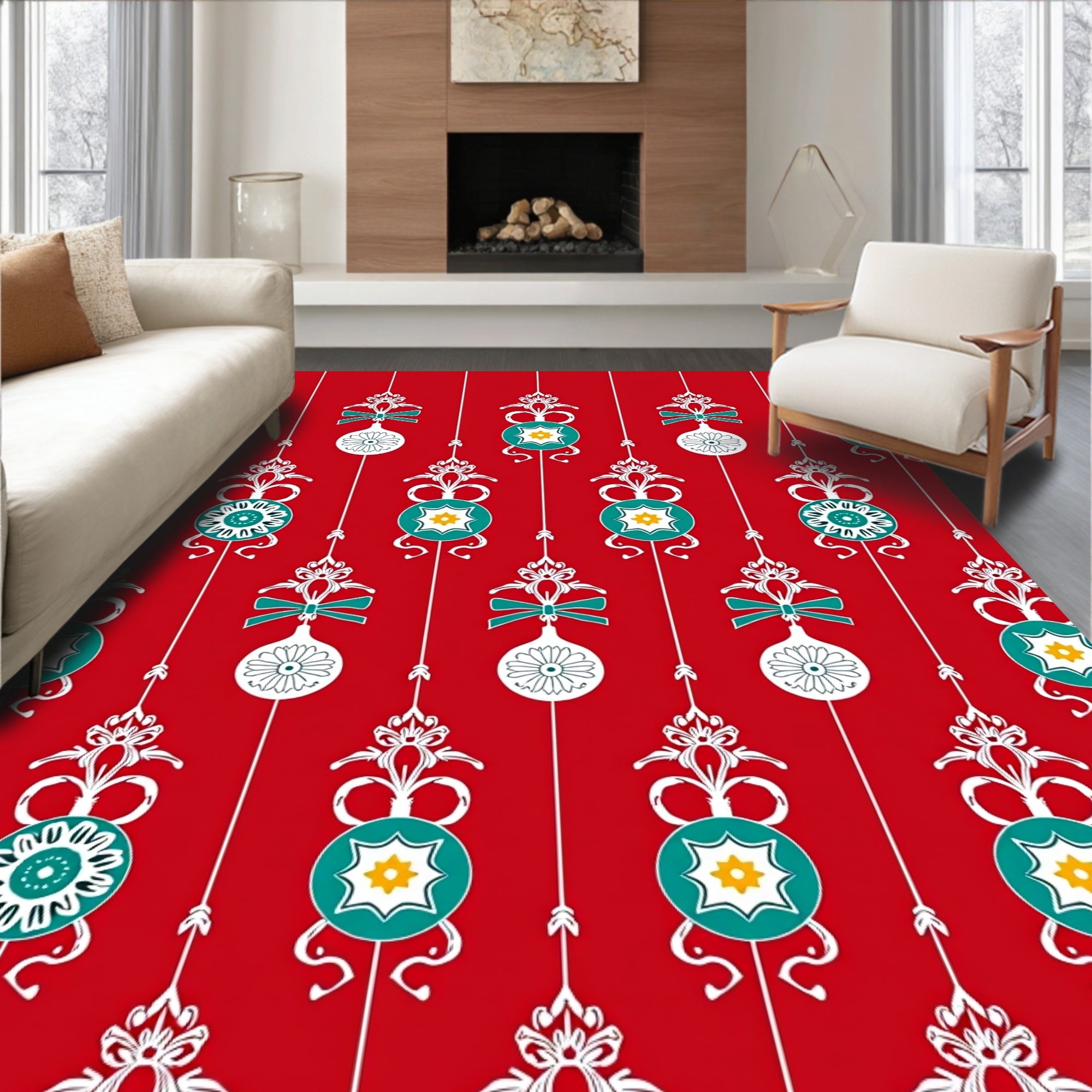 Ornate Red Green White Ornament Pattern Rug
