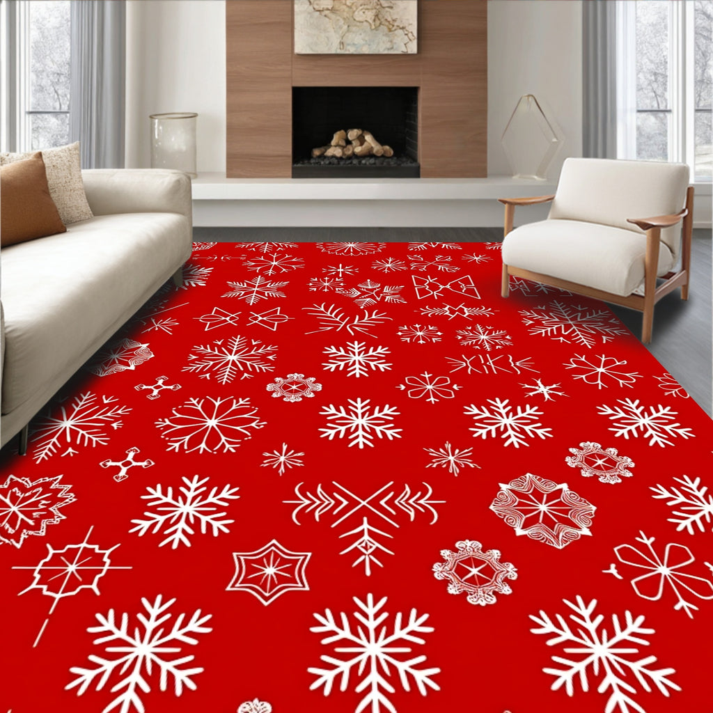 White Snowflakes On Red Background Pattern Rug