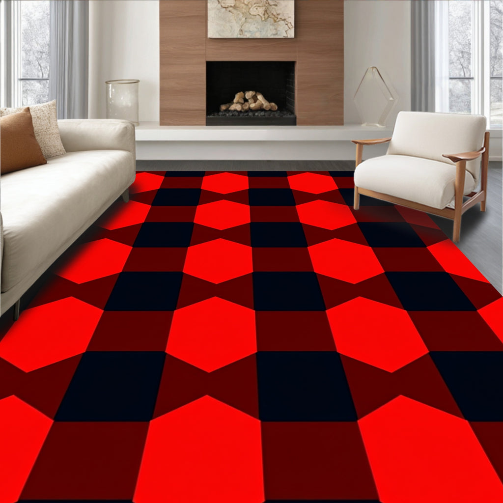 Bold Red Black Geometric Pattern Rug