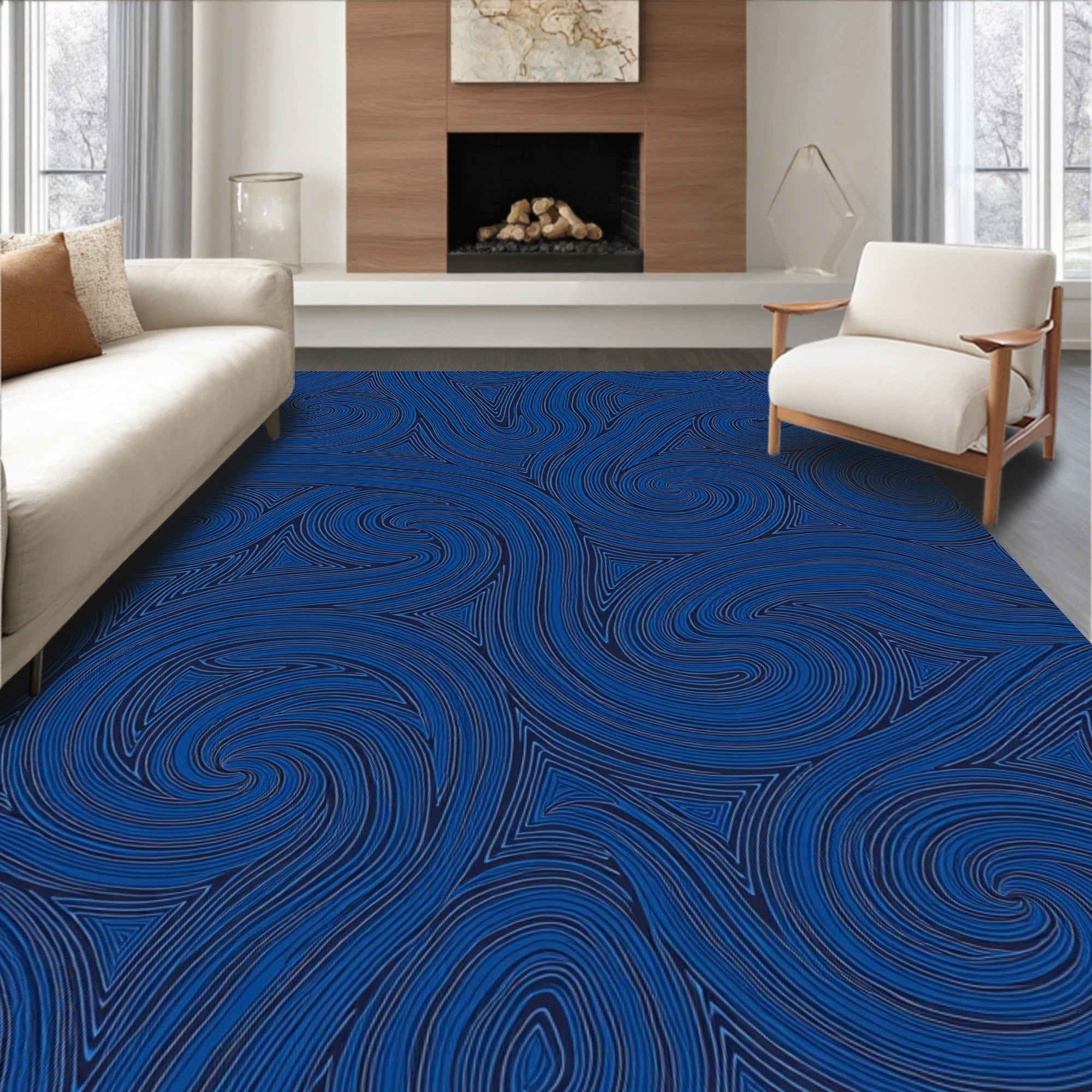 Deep Blue Swirls and Triangles Pattern Rug