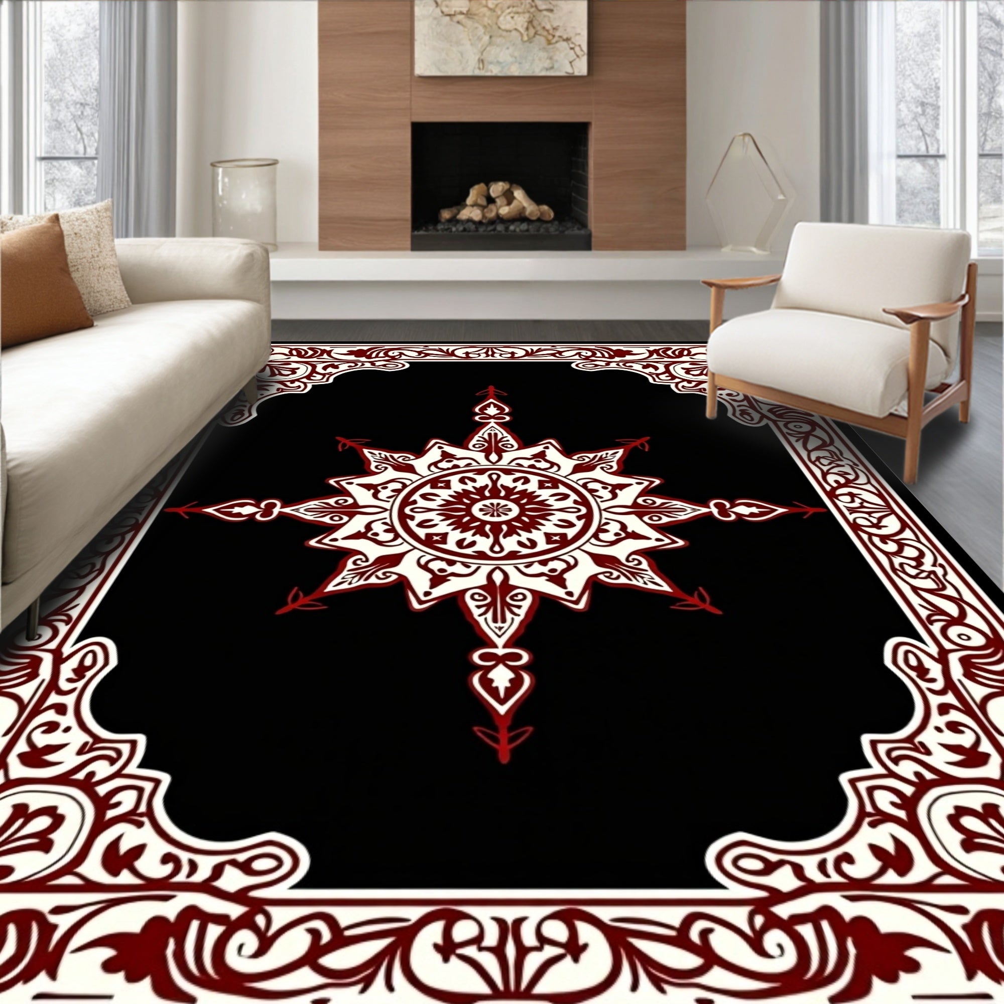Classic Red White Floral Medallion Rug