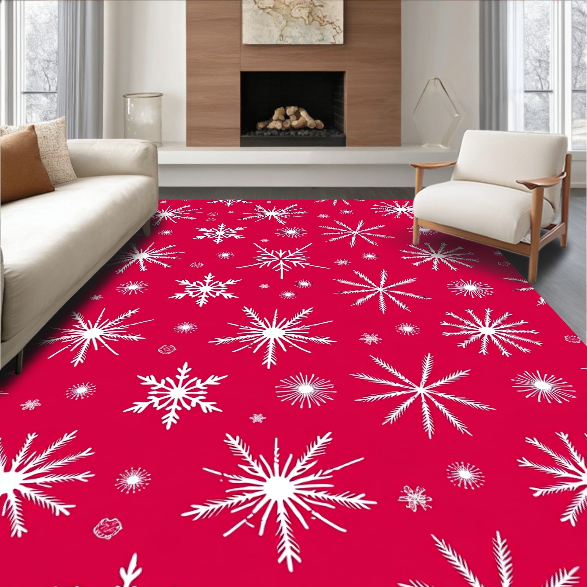 White Snowflakes Festive Pattern Rug