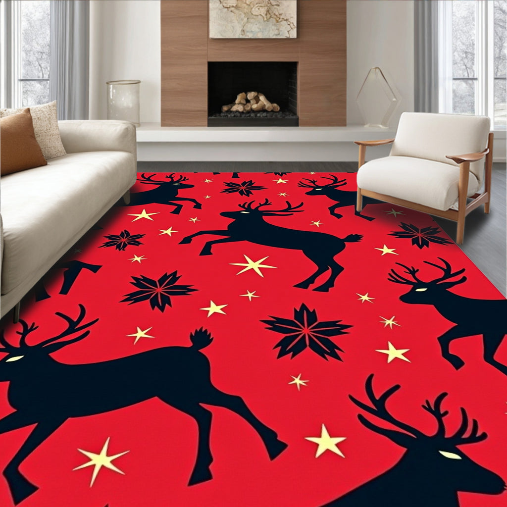 Red Black Deers With Stars Pattern Rug