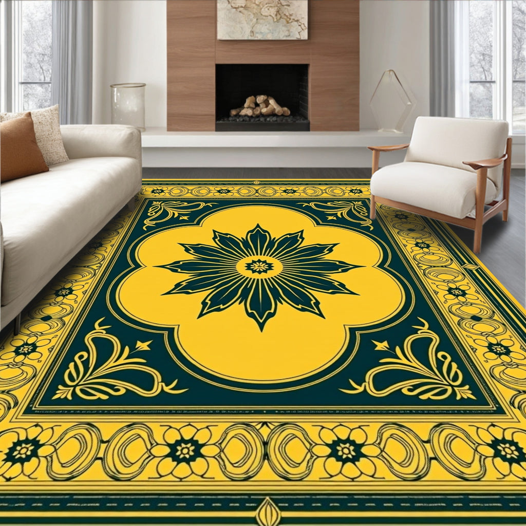 Intricate Floral Medallion Yellow Teal Rug