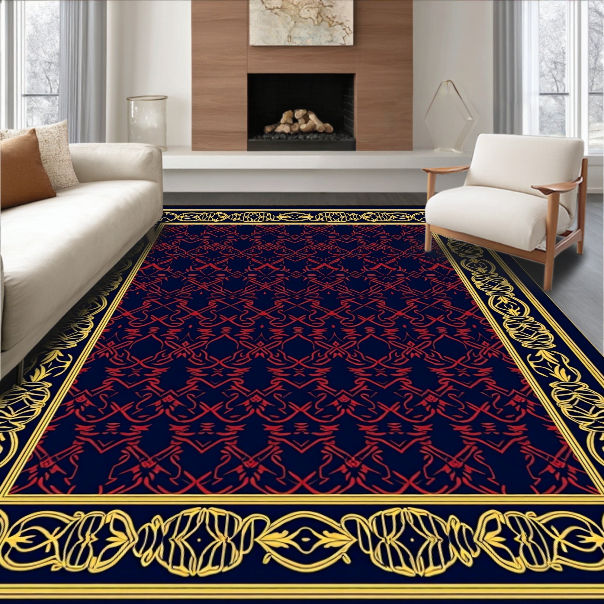 Ornate Red And Gold Border Design Rug