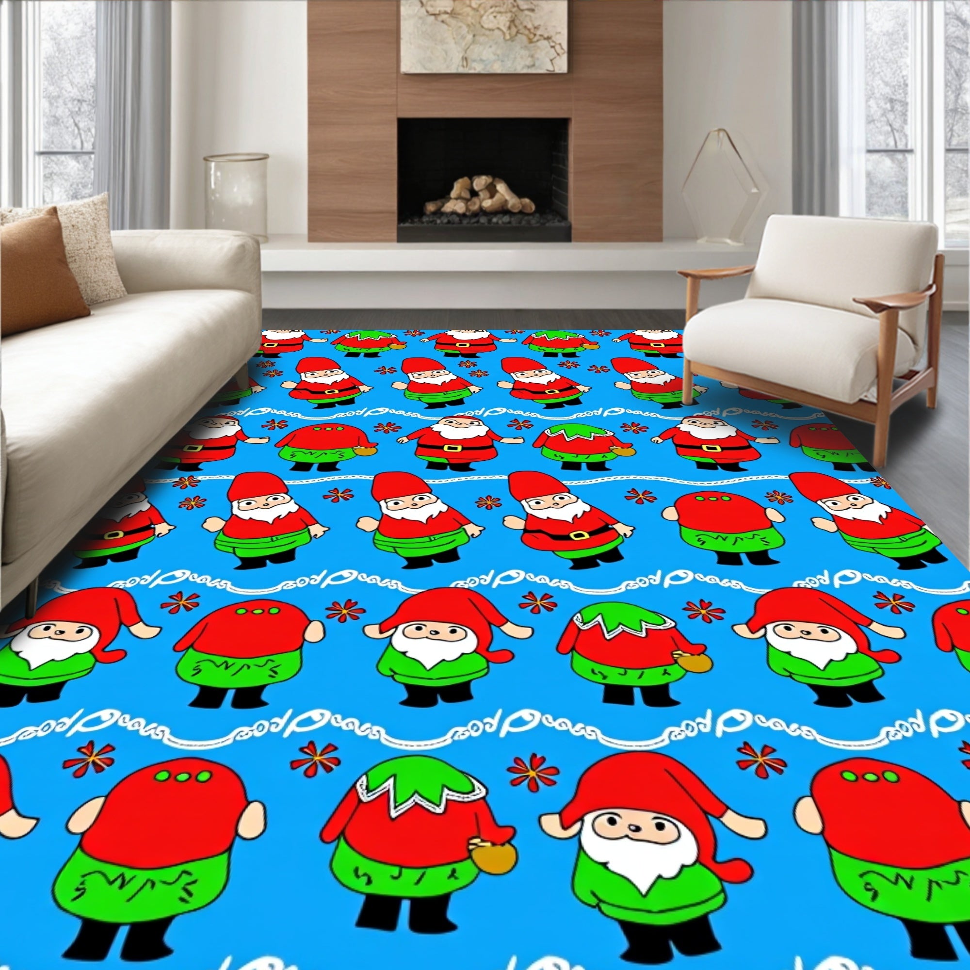 Christmas Gnomes Red Green Bright Blue Rug