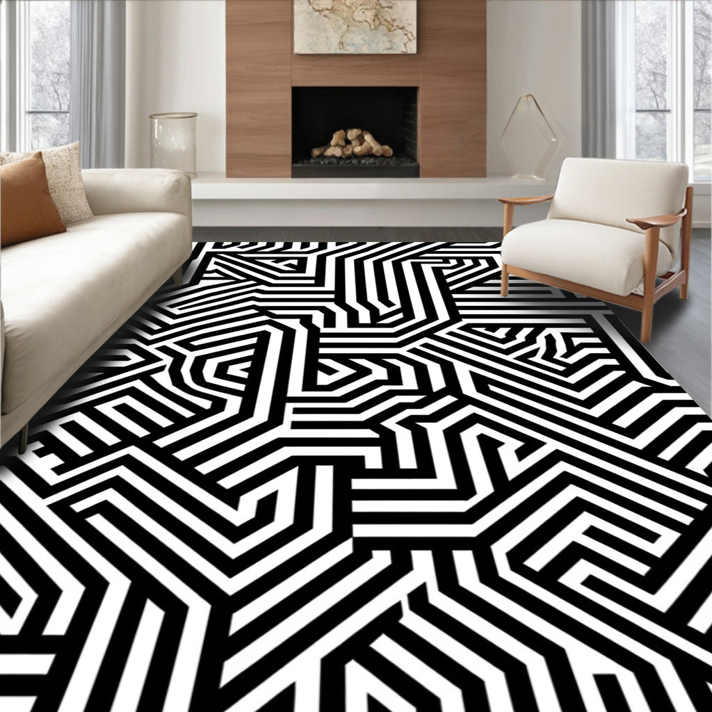 Black White Bold Labyrinth Pattern Rug