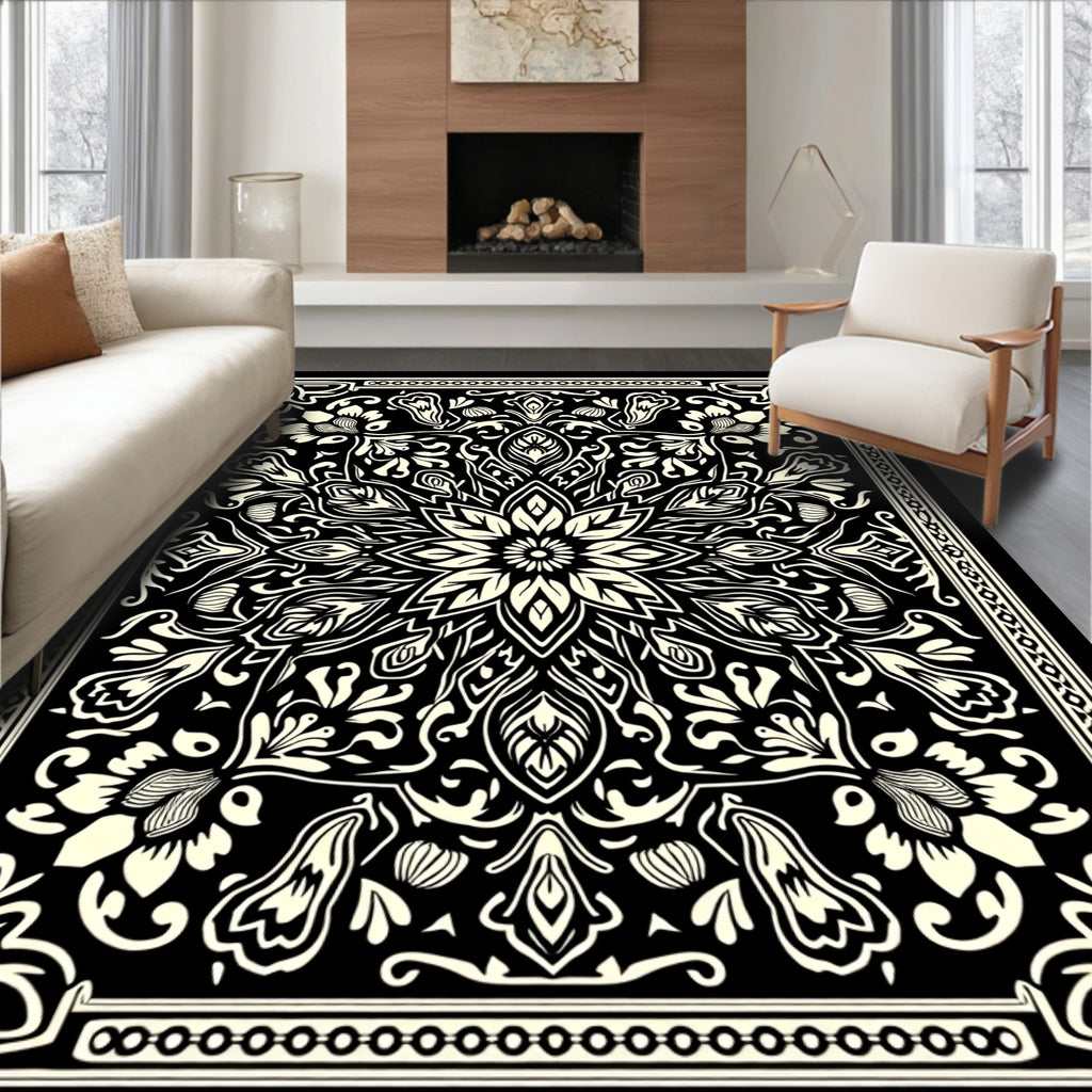 Monochrome Mandala Floral Design Rug