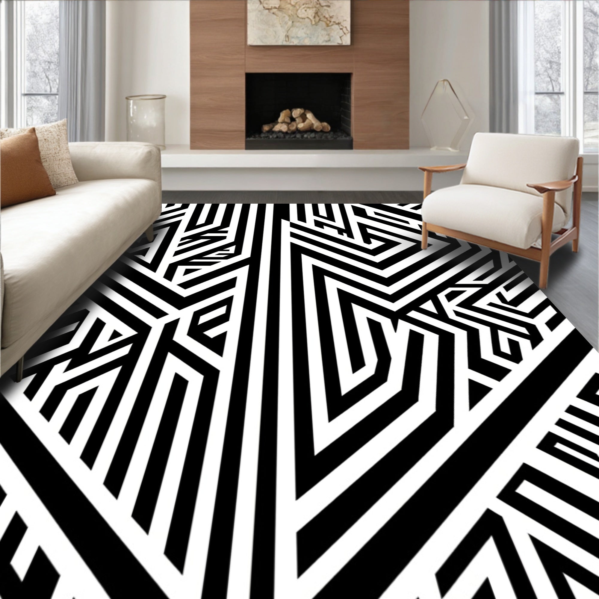 Abstract Black White Geometric Pattern Rug