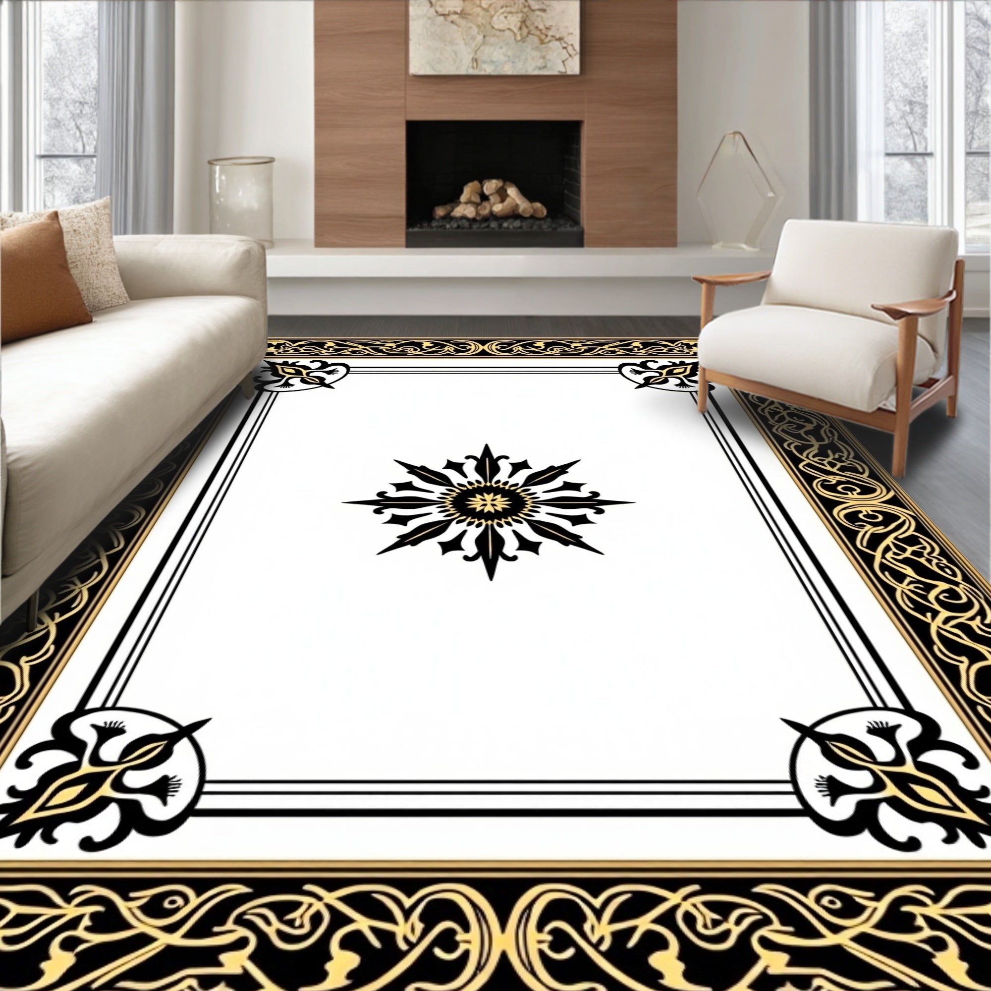 Vintage Black Gold Ornate Border Rug