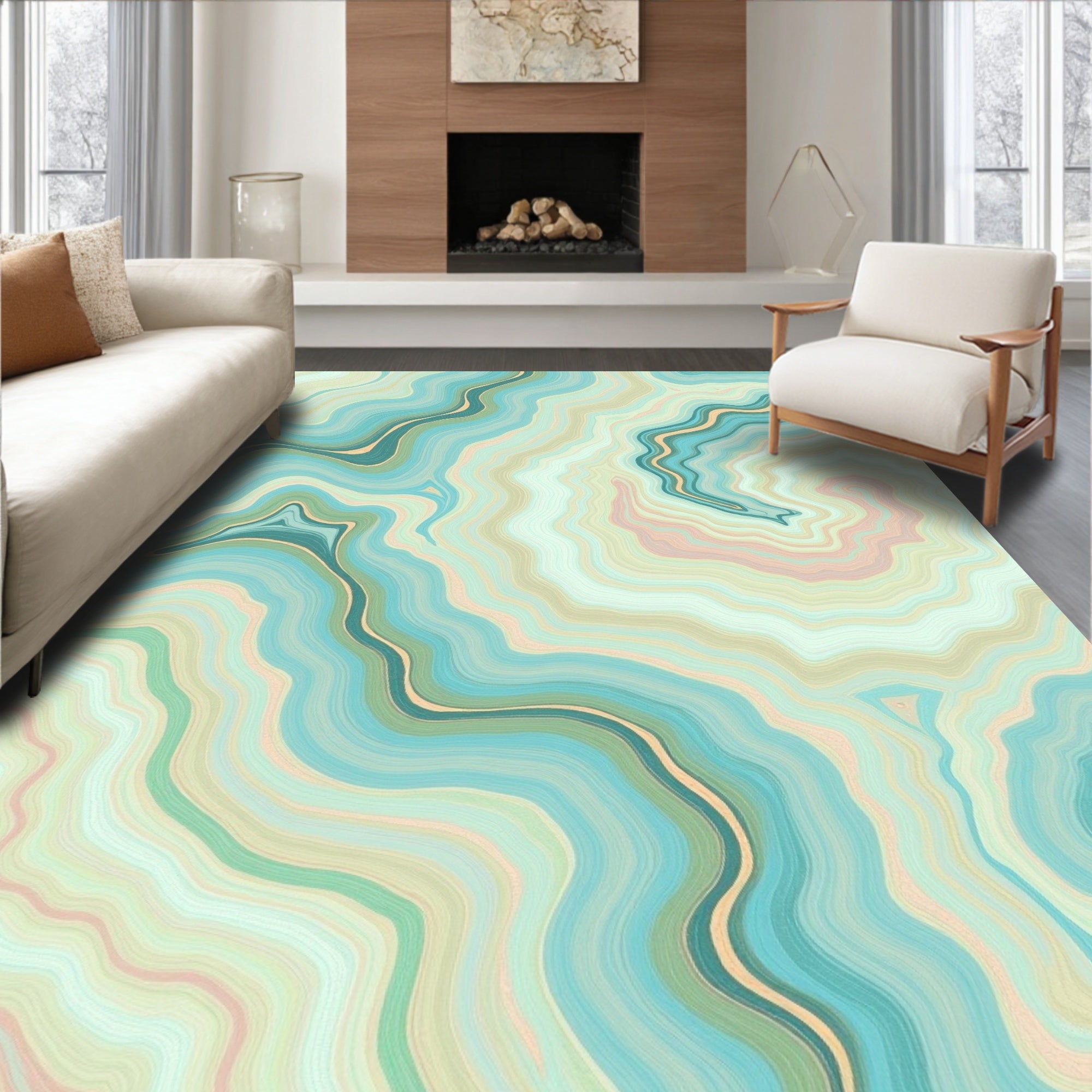 Serene Aqua Striped Agate Pattern Rug