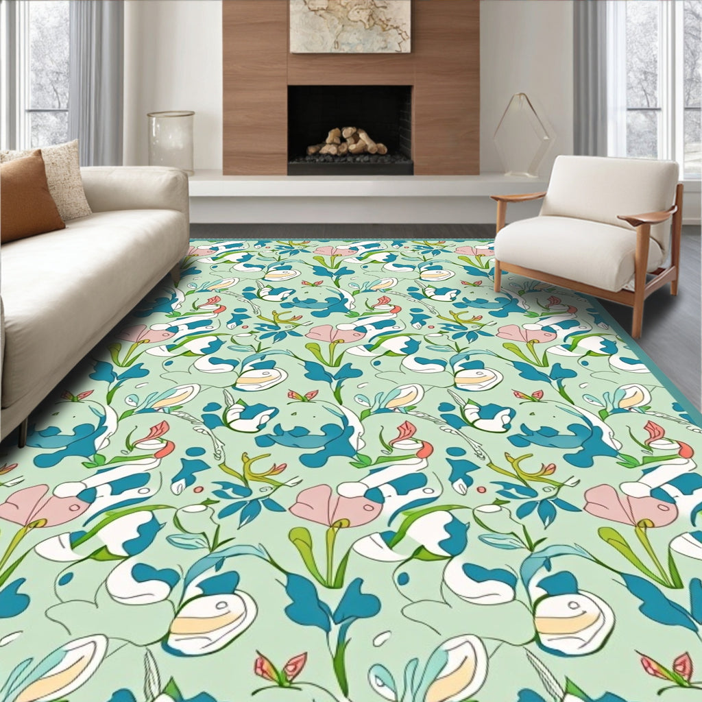 Whimsical Floral Abstract Blue Pink Rug