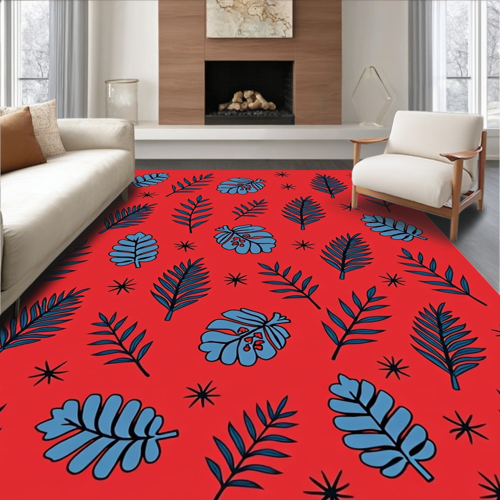 Tropical Leaf Pattern With Star Accents Rug