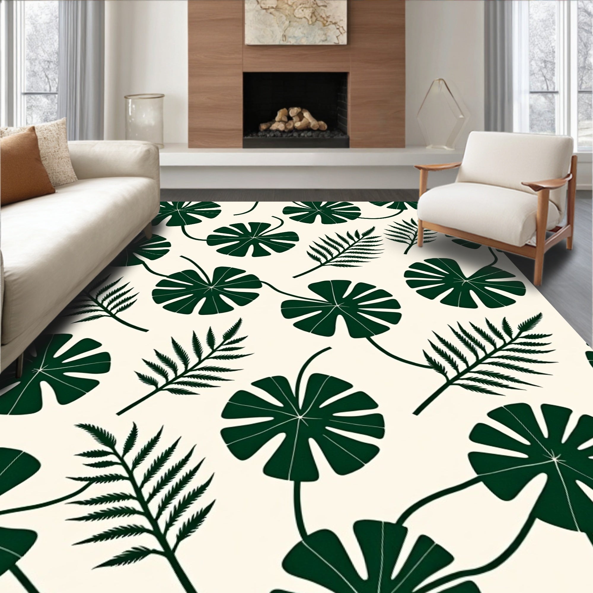 Dark Green Tropical Leaf Pattern Rug