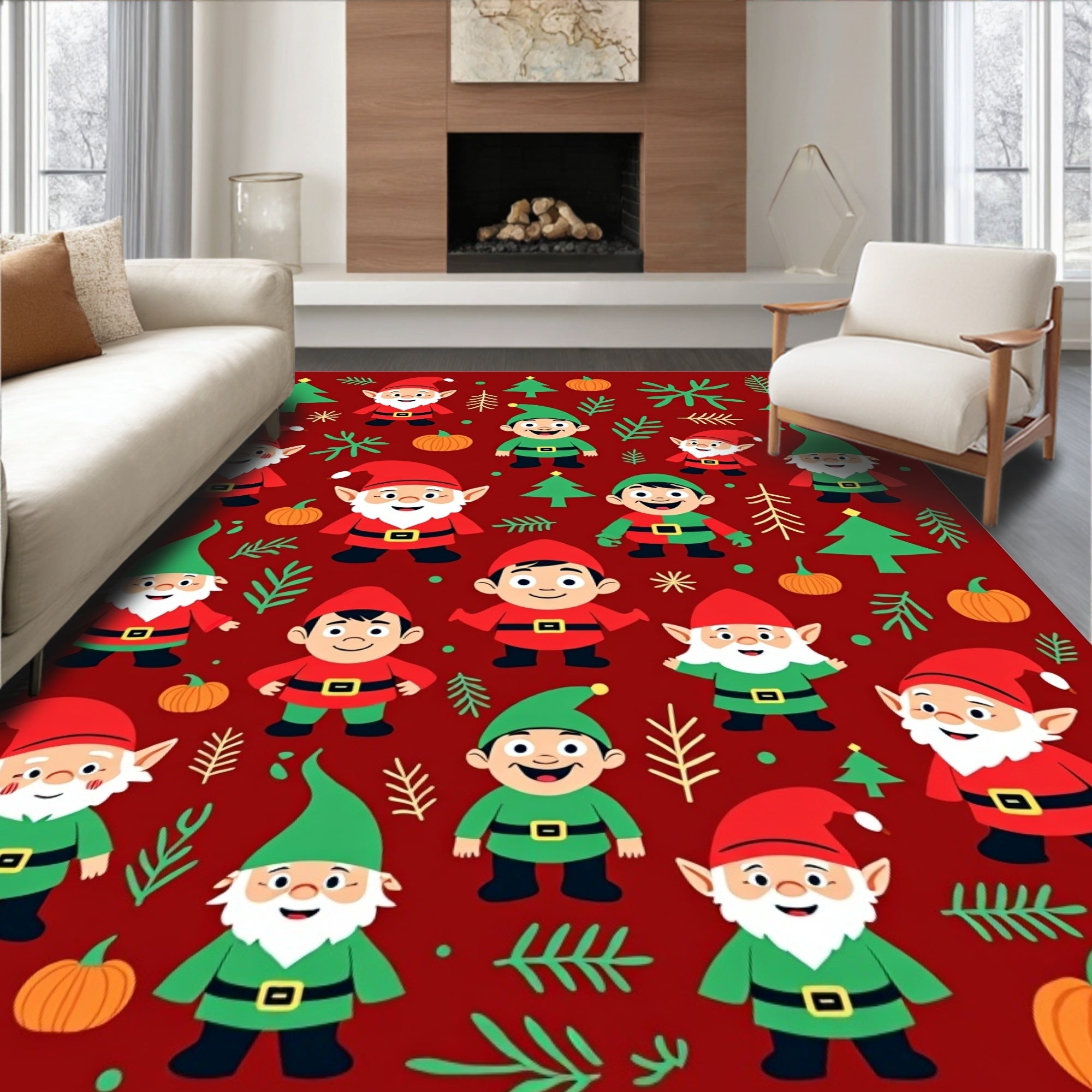 Festive Red Gnomes Christmas Trees Pumpkins Rug