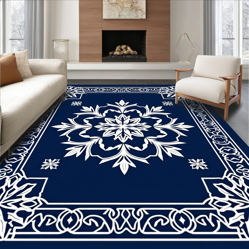 Deep Blue Mandala Snowflakes Frame Rug