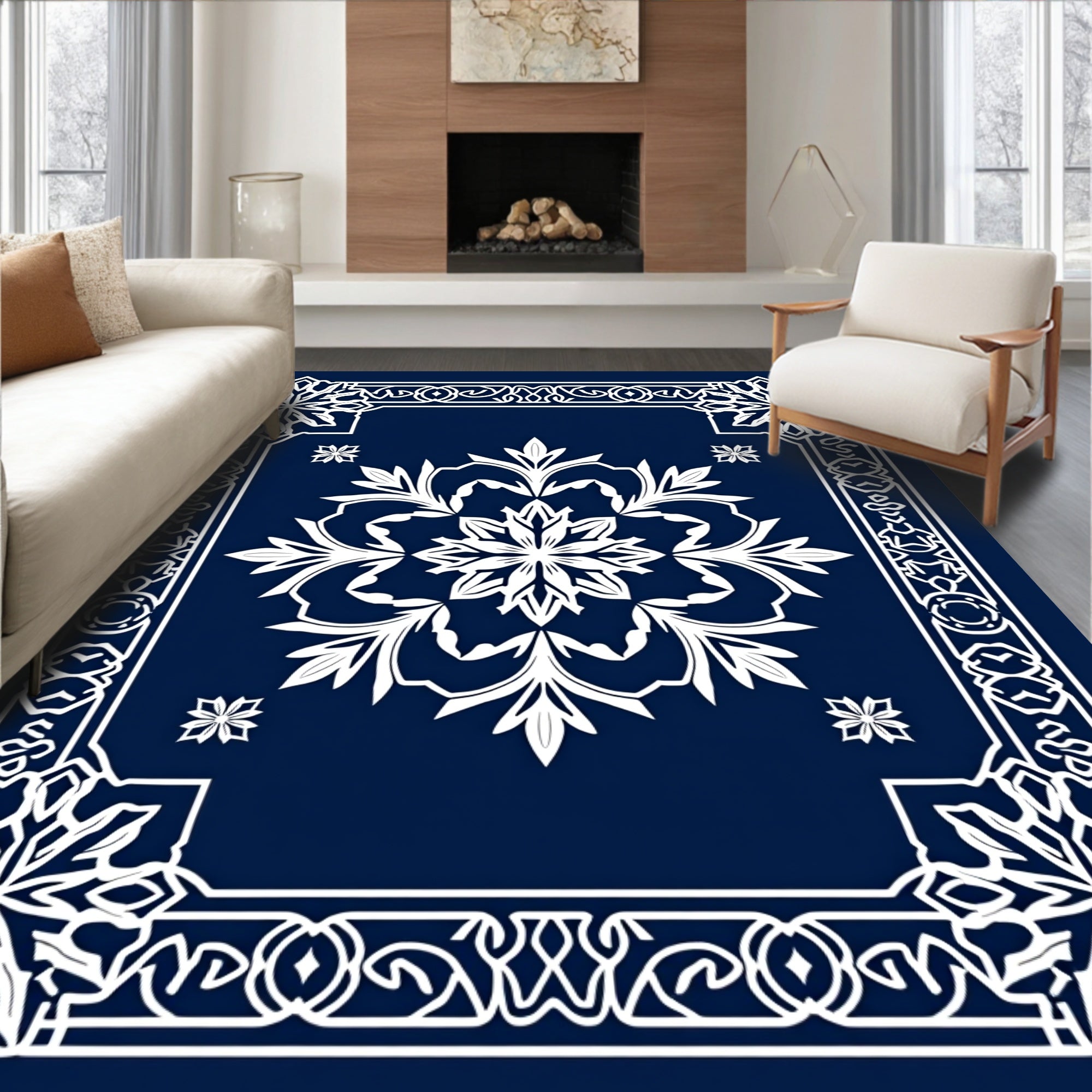 Deep Blue Mandala Snowflakes Frame Rug