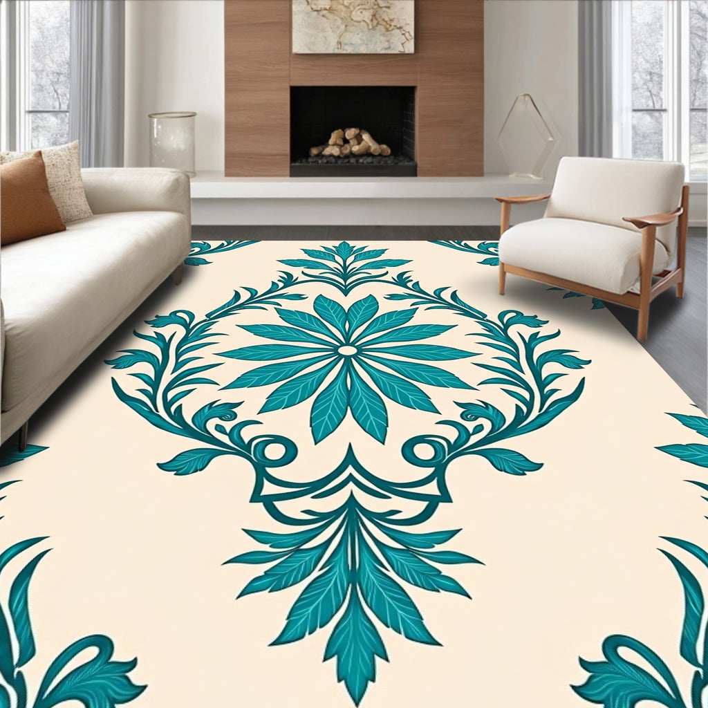 Teal Cream Floral Pattern Design Rug