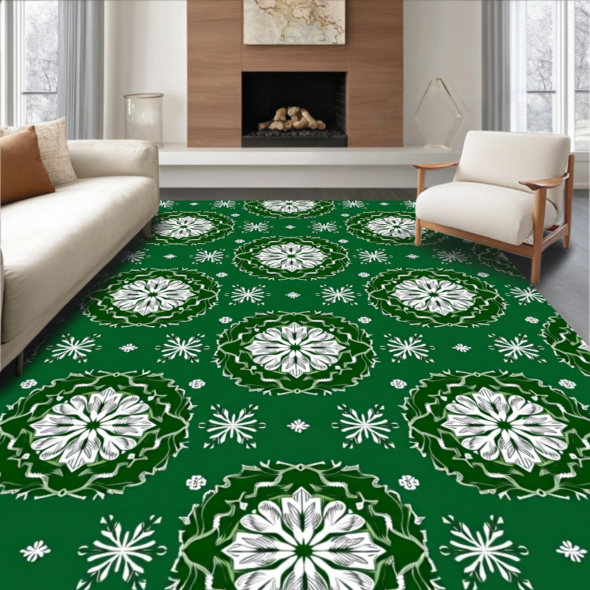 Emerald White Floral Medallion Mandala Rug