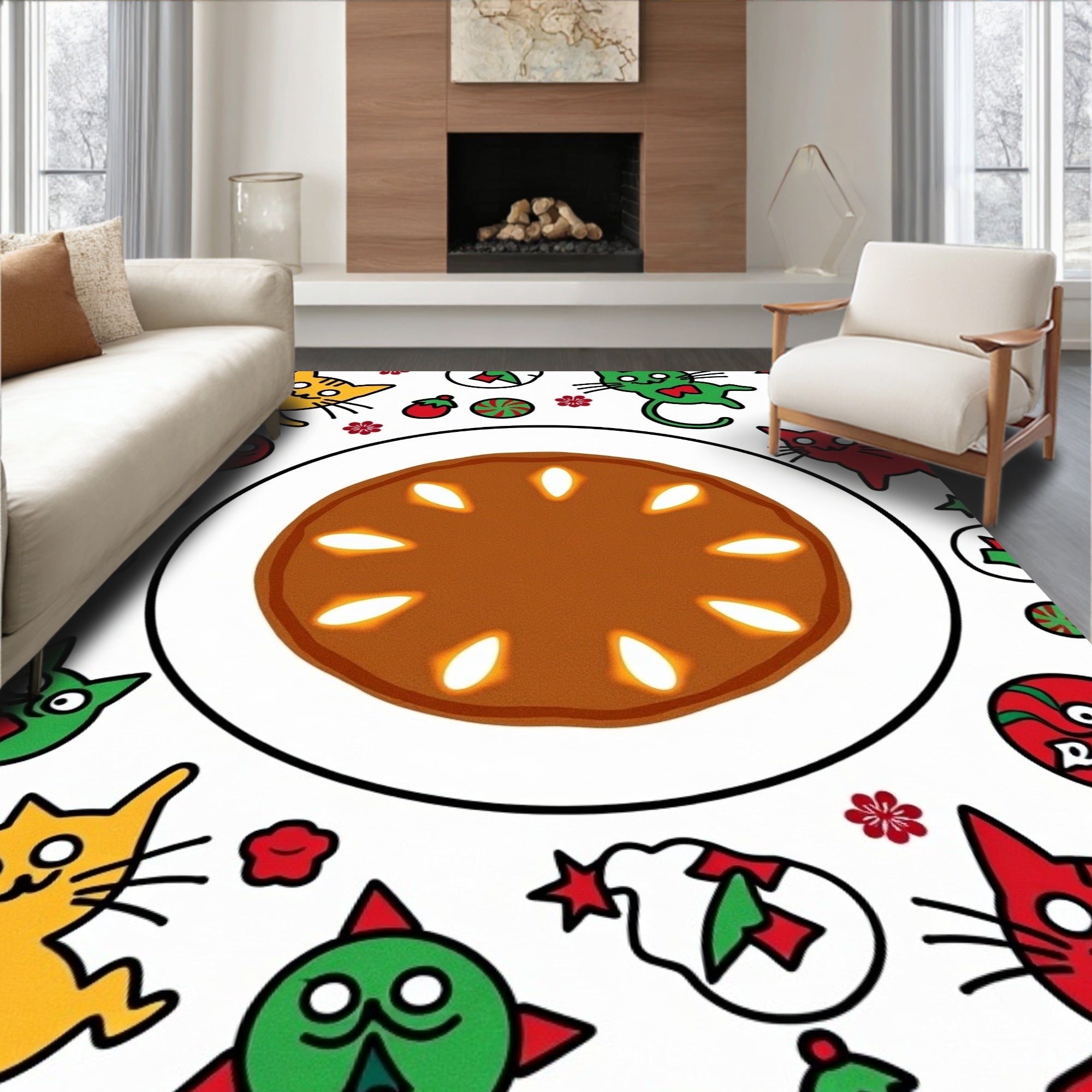 Whimsical Cat Fruit Pattern Rug