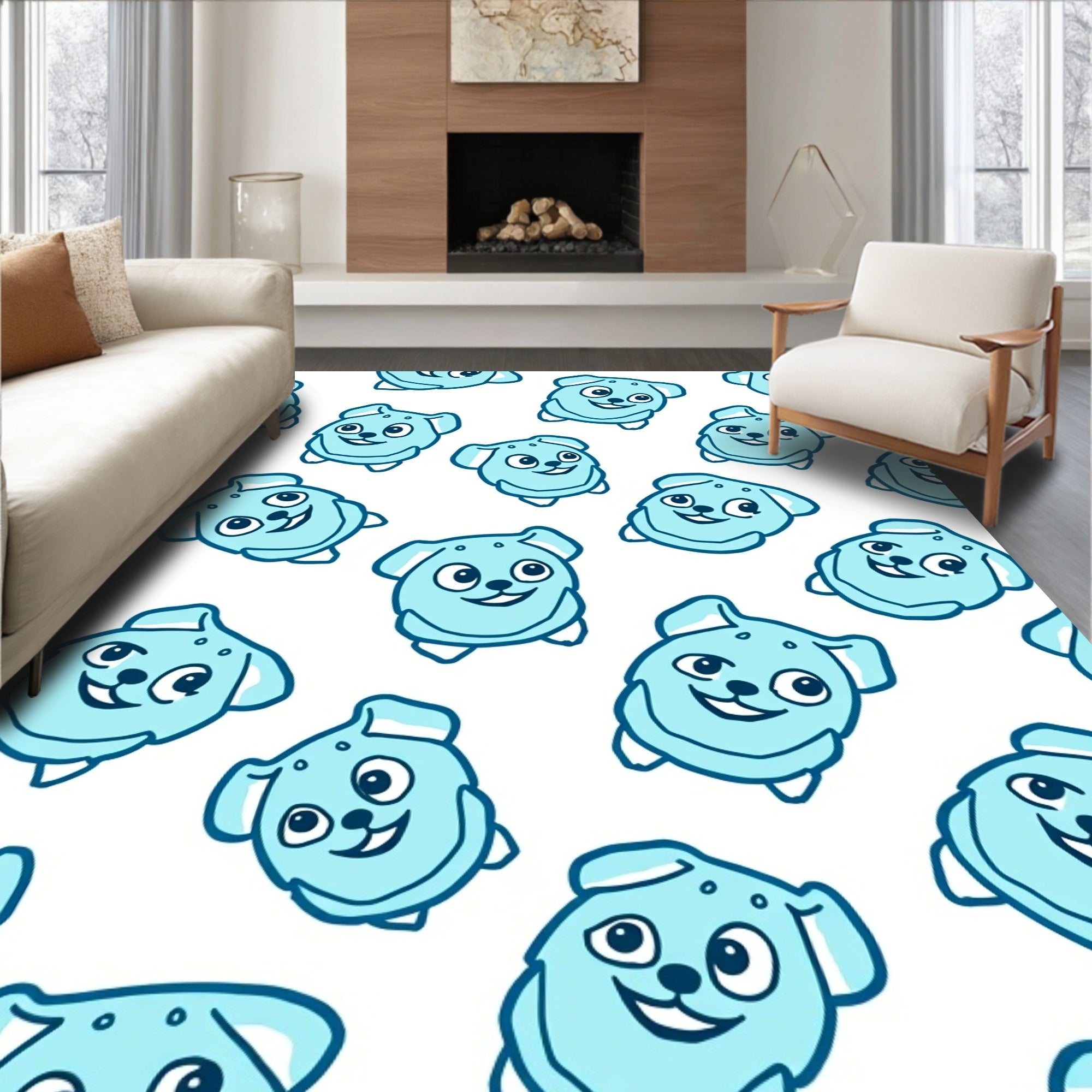 Cute Blue Dog Face Pattern Rug