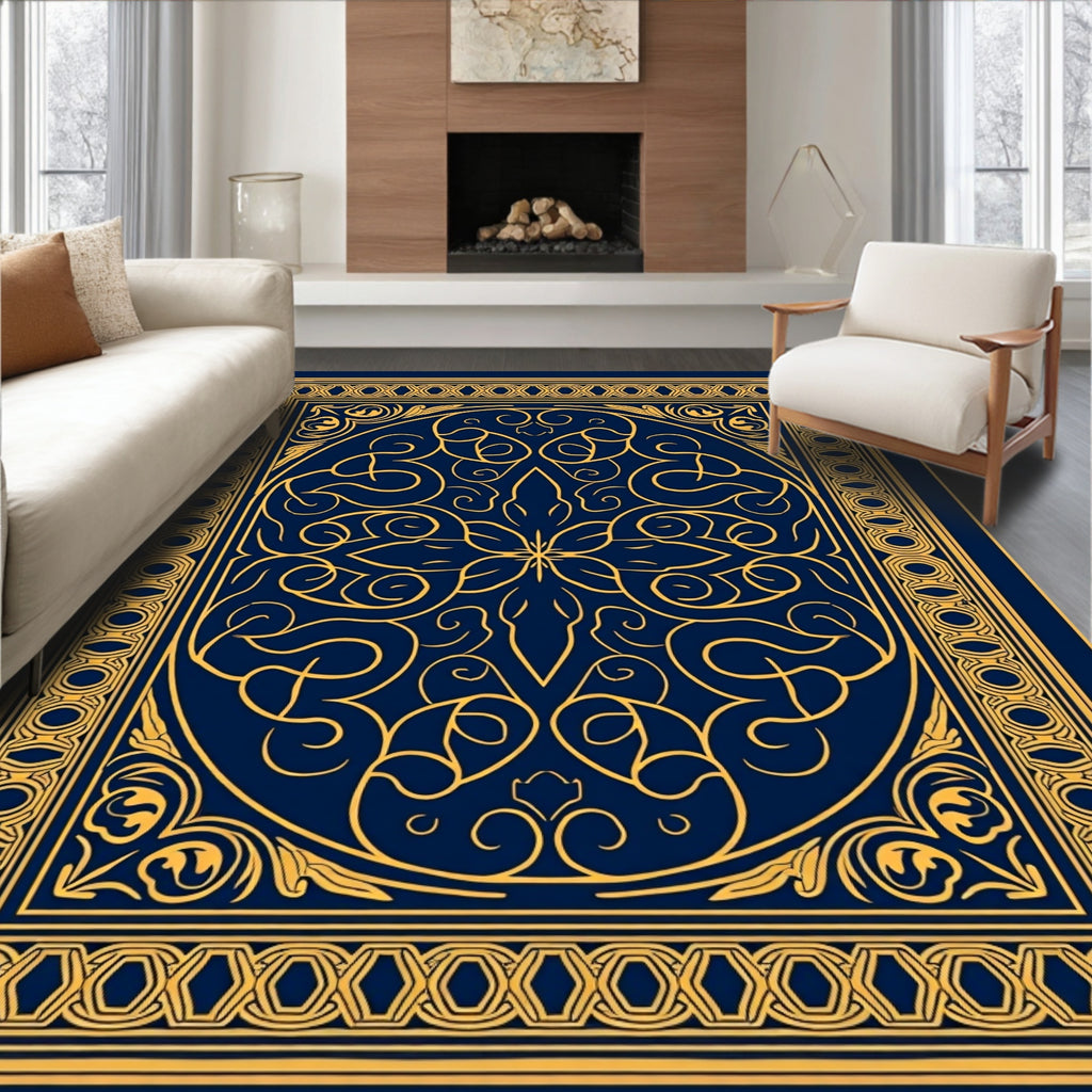 Gold Blue Ornate Mandala Rug