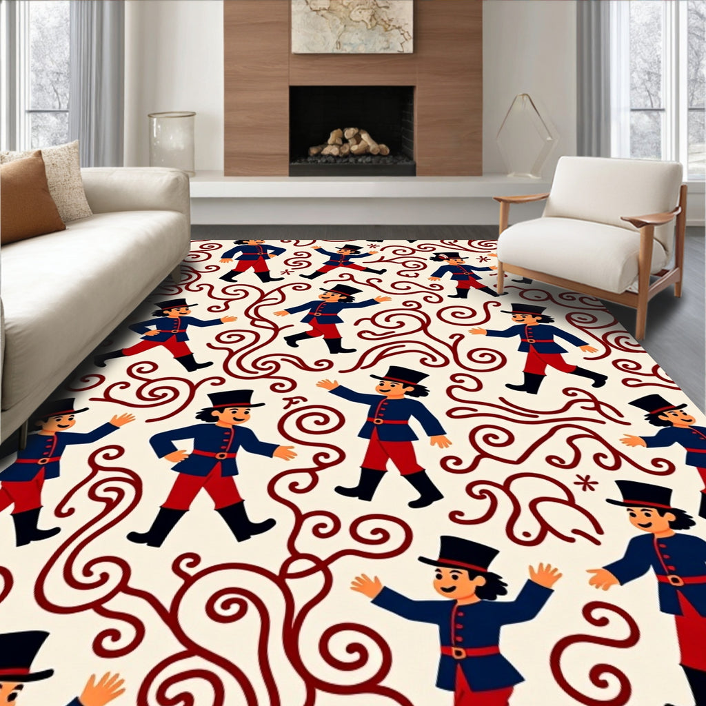 Whimsical figures and scrollwork pattern Rug