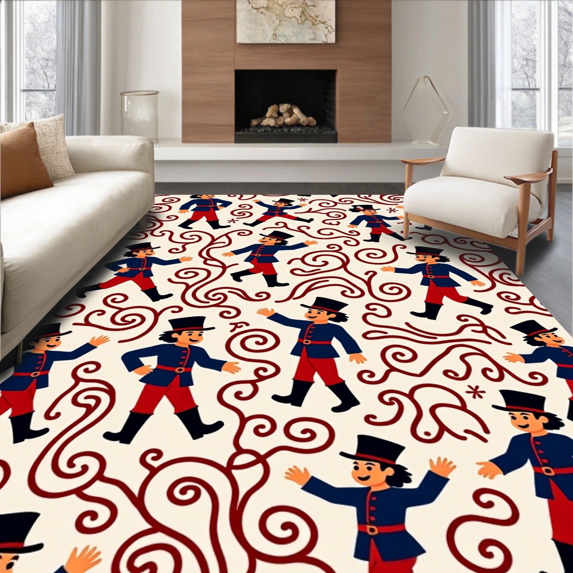 Whimsical figures and scrollwork pattern Rug