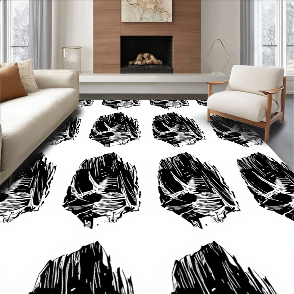 Bold Black White Woodblock Skull Pattern Rug