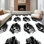 Bold Black White Woodblock Skull Pattern Rug