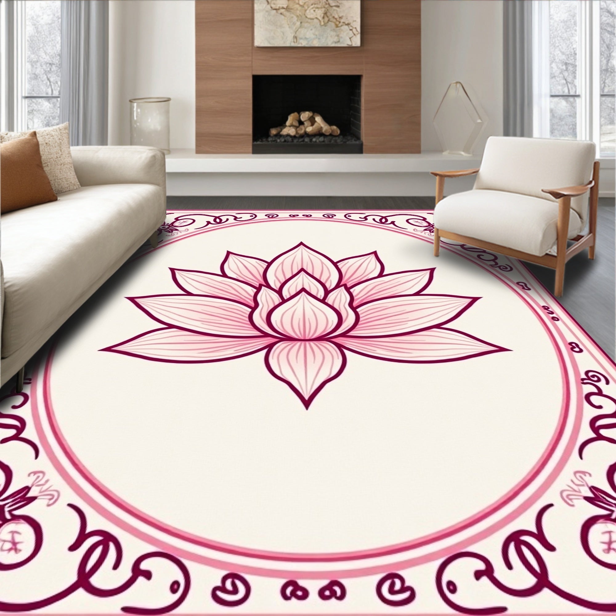 Pink Lotus Floral Border Design Rug