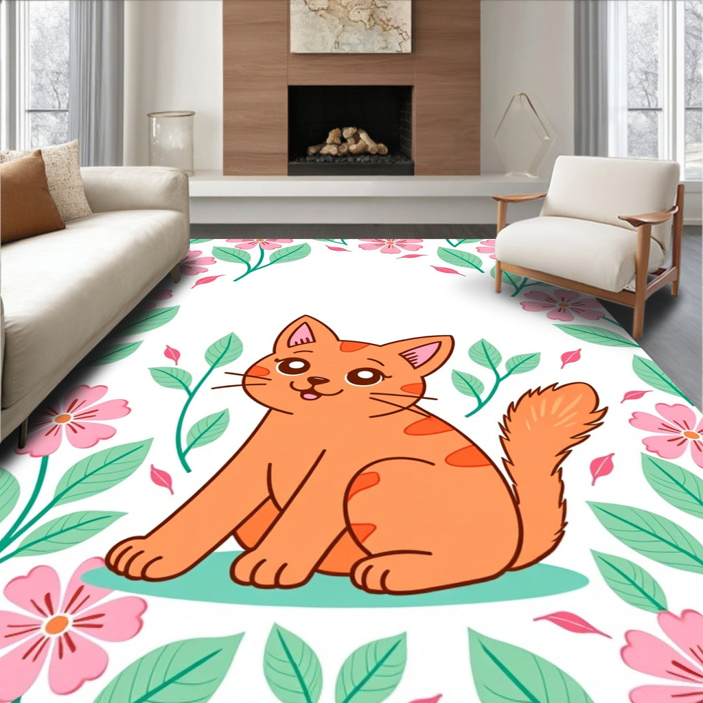 Cute Orange Cat Floral Border Rug
