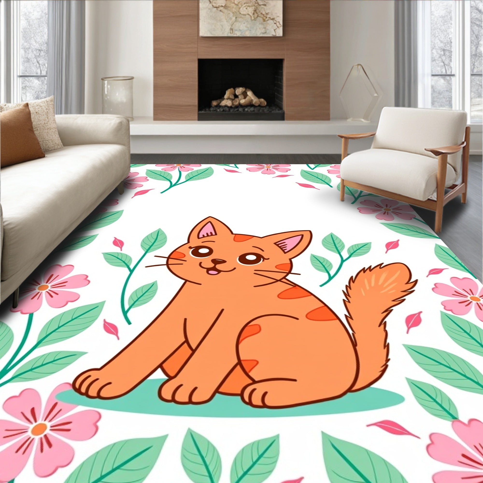 Cute Orange Cat Floral Border Rug