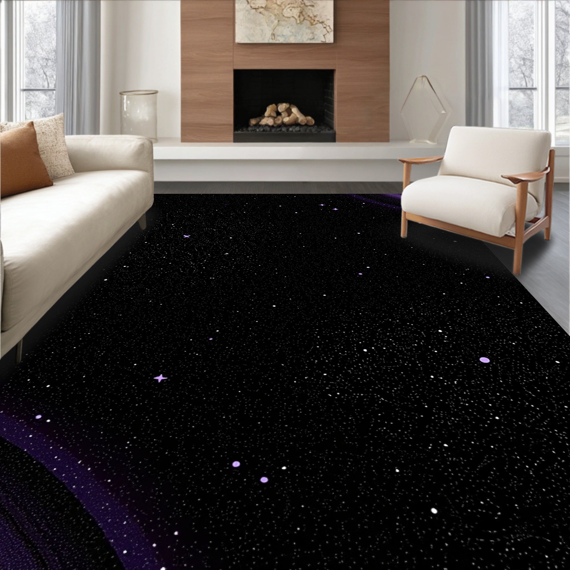 Cosmic Starry Night With Purple Rings Rug