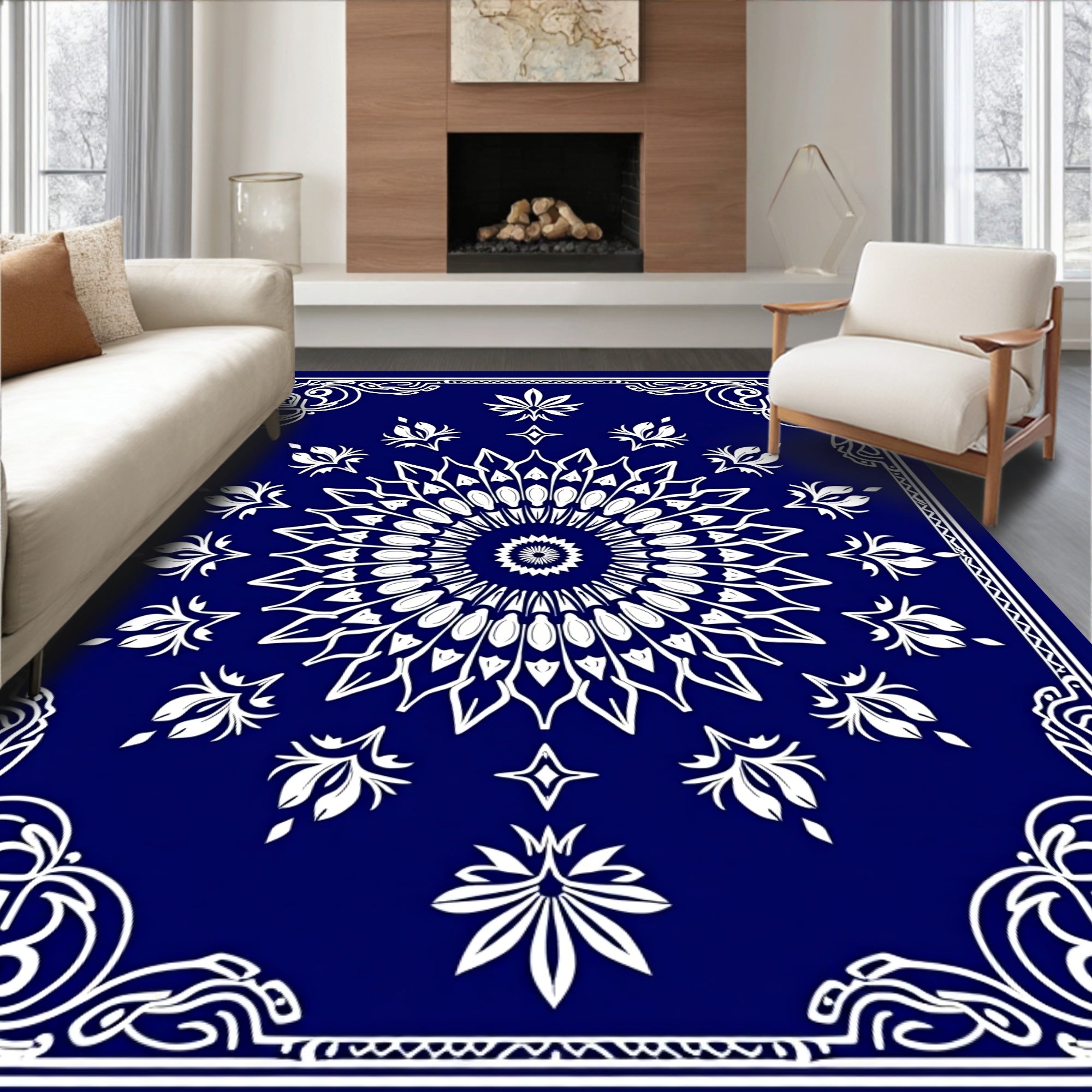 Mandala Floral Deep Blue Ornamental Design Rug