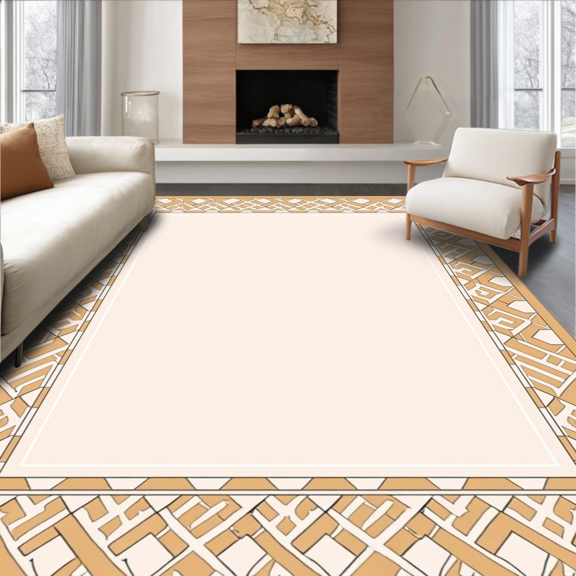 Geometric Interlocking Patterned Tan Rug