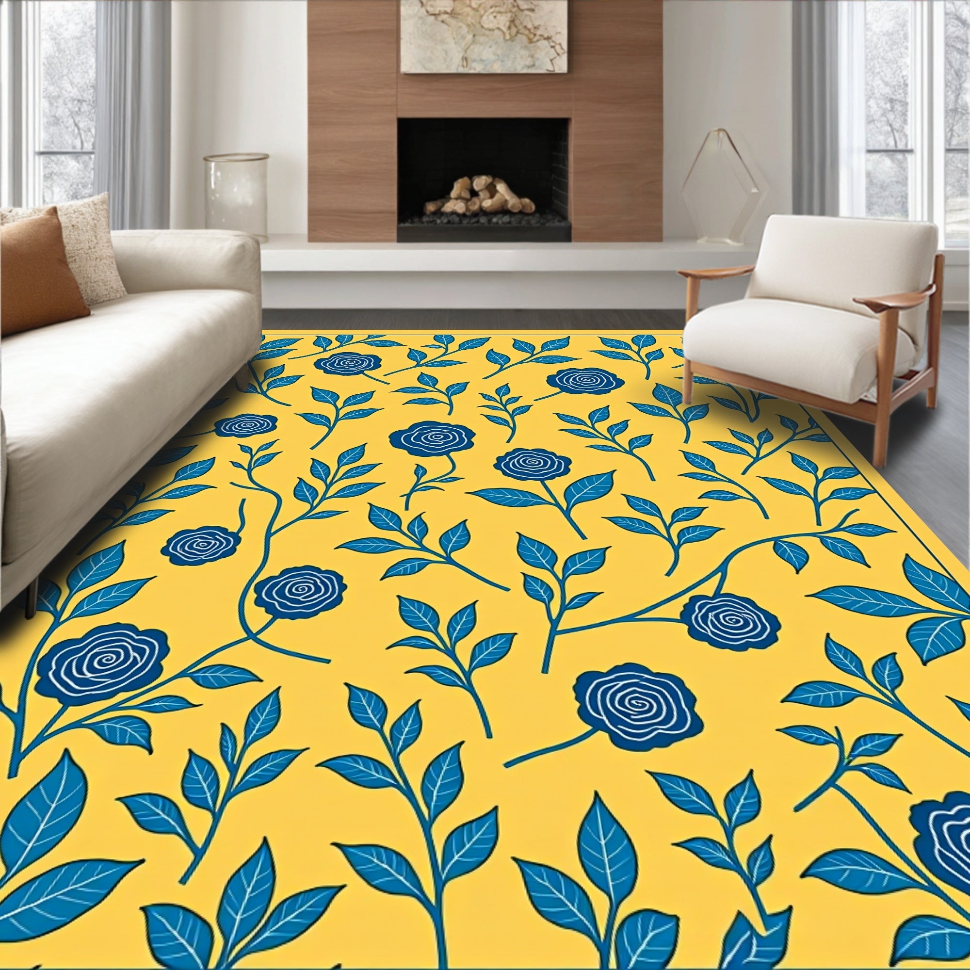 Yellow Blue Floral Pattern Rug