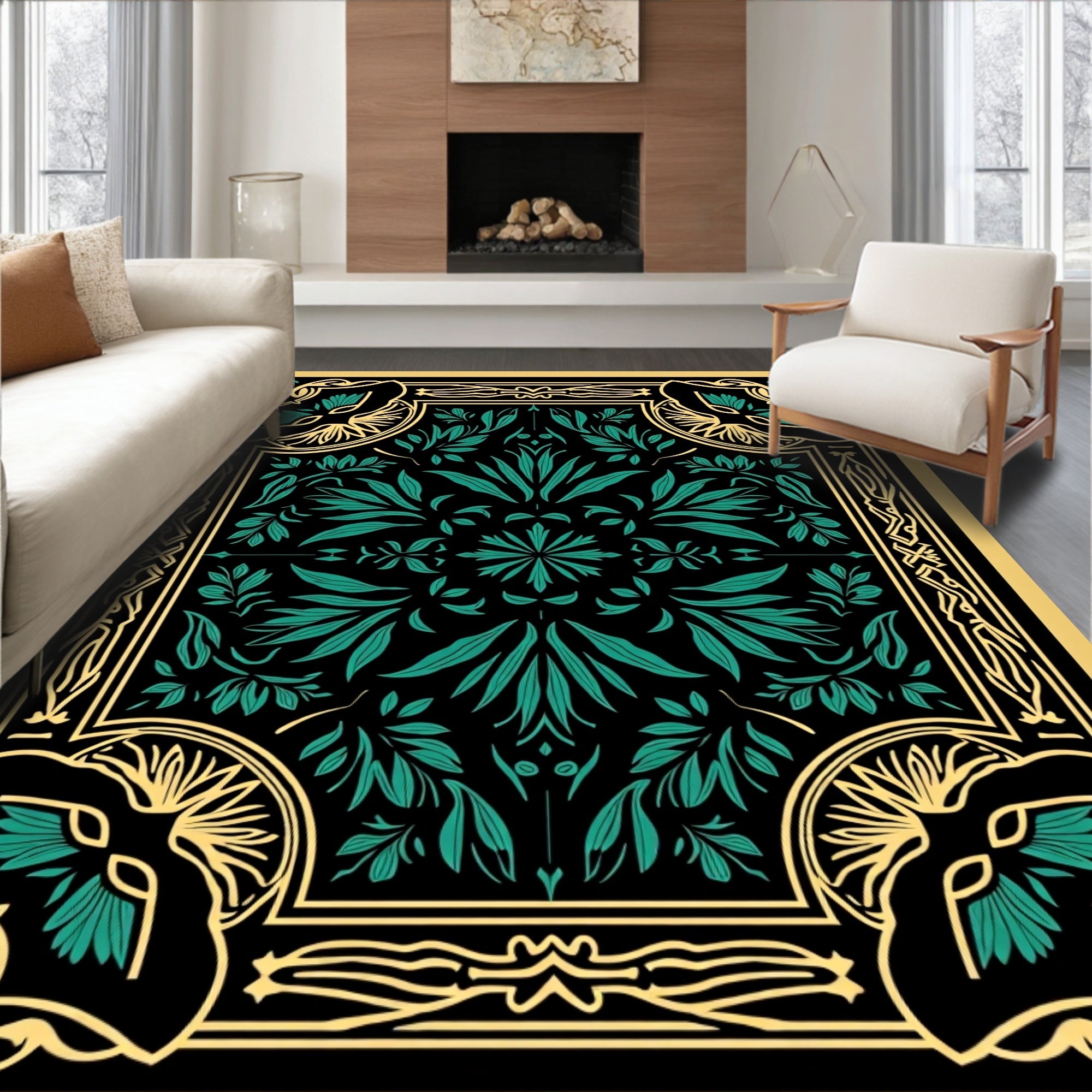 Art Nouveau Floral Teal Gold Rug