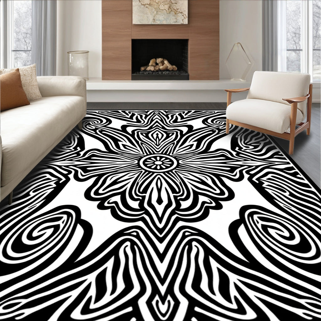 Bold Ink Floral Scroll Pattern Rug