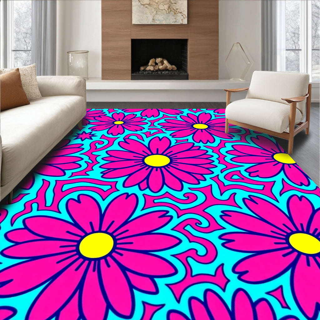 Bright Pink Daisy Swirl Pattern Rug
