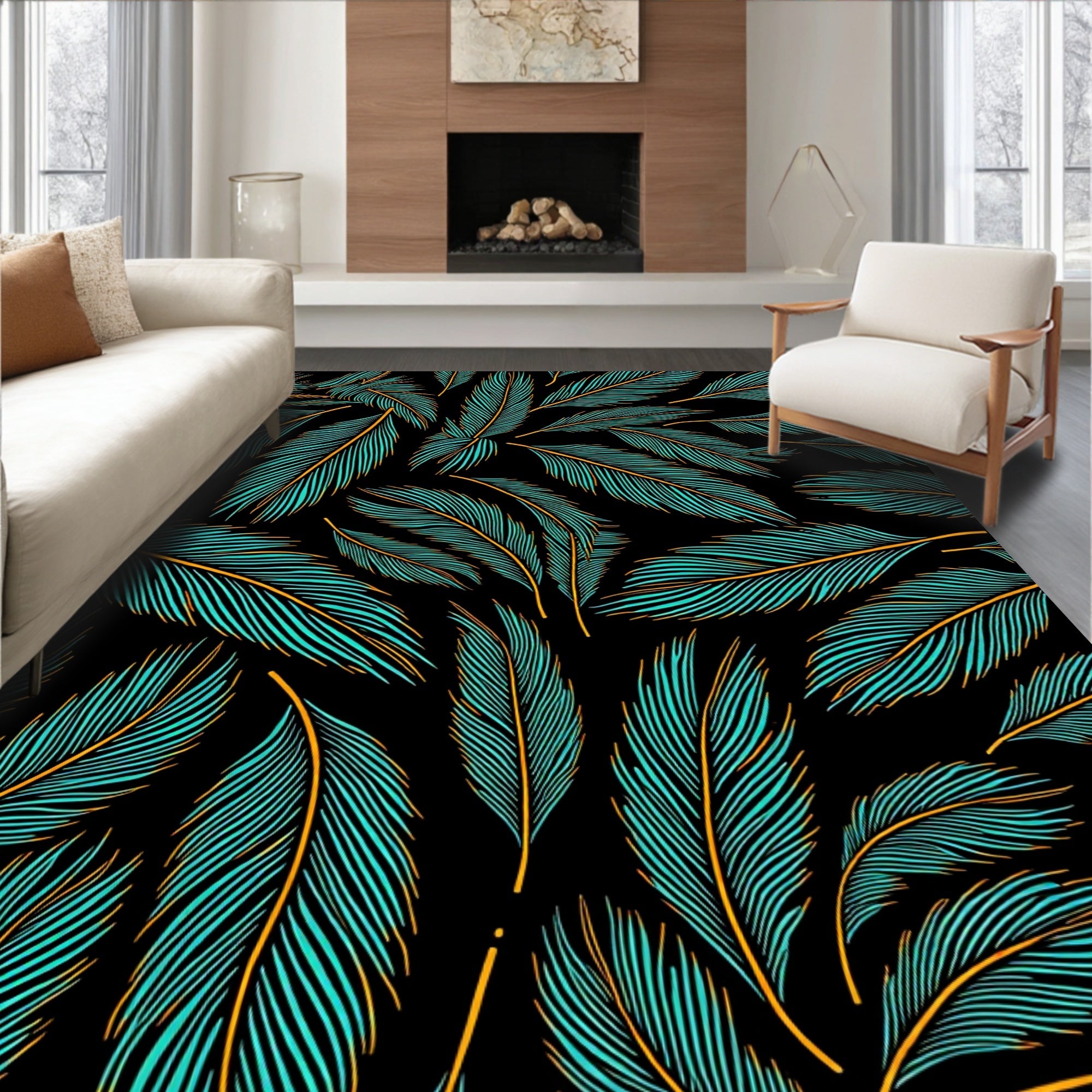 Teal Orange Feather Pattern Design Rug